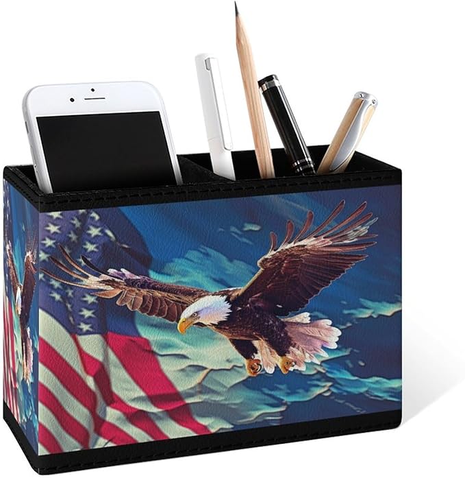 Famame American Flag Map Eagle Pencil Holder for Desk, Leather Desktop Container Pen Cup Storage Study Table Pen Organizer Makeup Brush Holder for Classroom Office Home