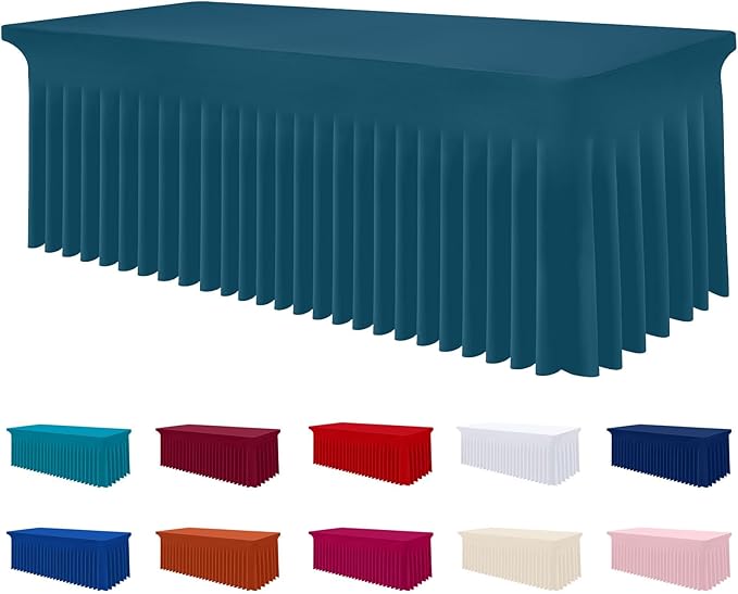 Smiry Spandex Tablecloth, Elastic Fitted Stretch Tablecloth for 8FT Rectangle Tables, Waterproof Washable Table Cover Skirt for Outdoor, Wedding, Banquet & Parties (Peacock Blue, 96Lx30Wx30H Inch)