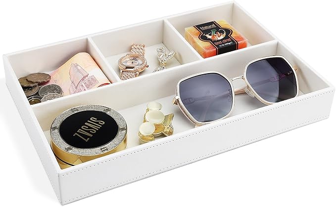 GORESE Faux Leather Valet Tray, Stackable Jewelry Trays for Dresser Table Drawer, Nightstand Organizer for Men Women, EDC Catch All Tray for Trinket, Key, Purse, Sunglass, Watch, Cologne, White