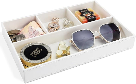 GORESE Faux Leather Valet Tray, Stackable Jewelry Trays for Dresser Table Drawer, Nightstand Organizer for Men Women, EDC Catch All Tray for Trinket, Key, Purse, Sunglass, Watch, Cologne, White