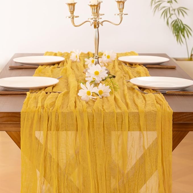 Socomi Gold Yellow Cheesecloth Table Runner Summer Boho Rustic Gauze 120 inch 10FT Cheese Cloth Sheer Runner for Wedding Party Baby Shower Birthday Home Decor Holiday Decorations