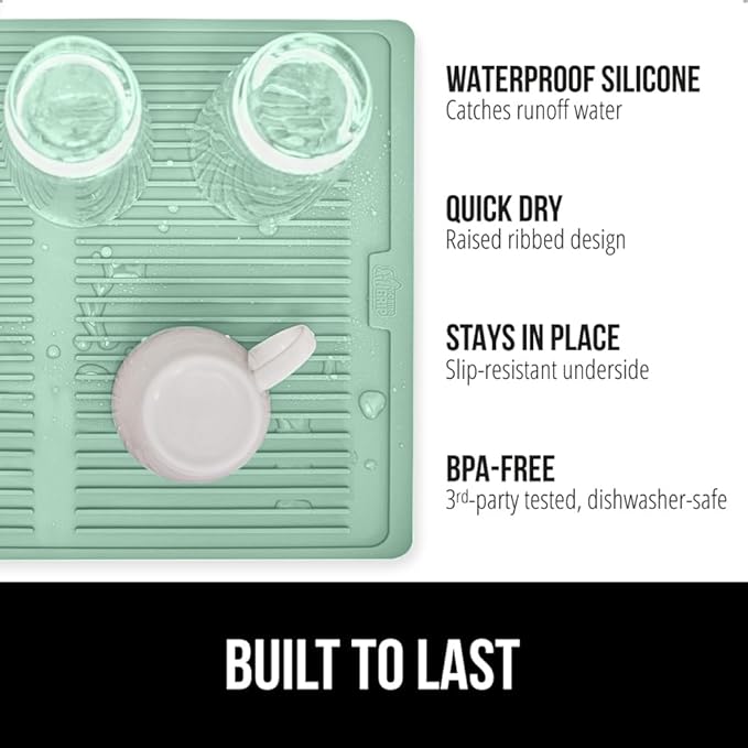 GORILLA GRIP 100% BPA-Free Patented Silicone Dish Drying Mat for Kitchen Counter, Water Catching Ribbed Design, Easy Clean Waterproof Sink Liner, Heat Resistant, Fits Under Rack, 11x13 Inch, Mint