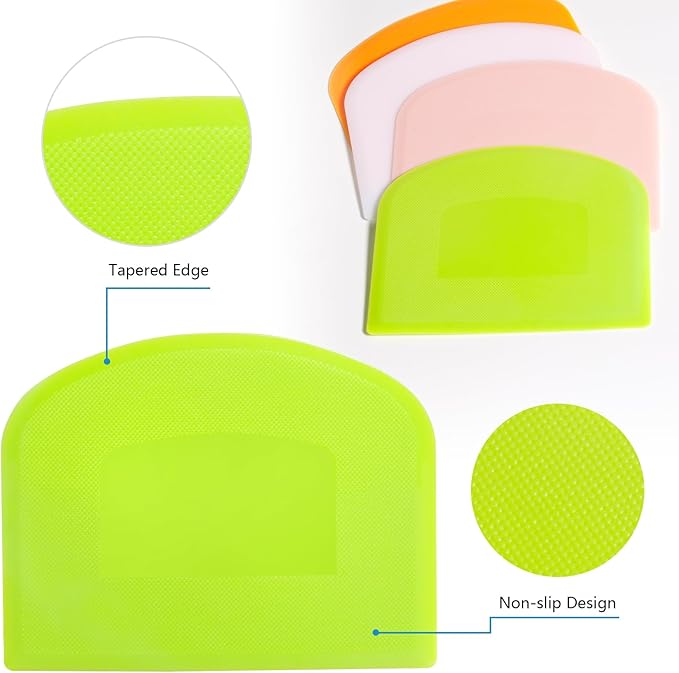 Dough Scraper Bench Scraper for Baking, 4 PCs BPA Free PE Plastic Flexible Bowl Scraper, Food-safe Plastic Dough Cutter for Bread Cake Dough Fondant Icing (White, Green, Orange, Pink)