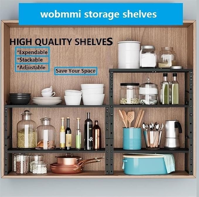 Wobmmi Expandable, Adjustable & Stackable Spice Rack, Cabinet Kitchen Countertop Shelf Organizer, Metal Pantry Storage Shelves - Space-Saving Storage Solution (2 Packs/Black/Medium)