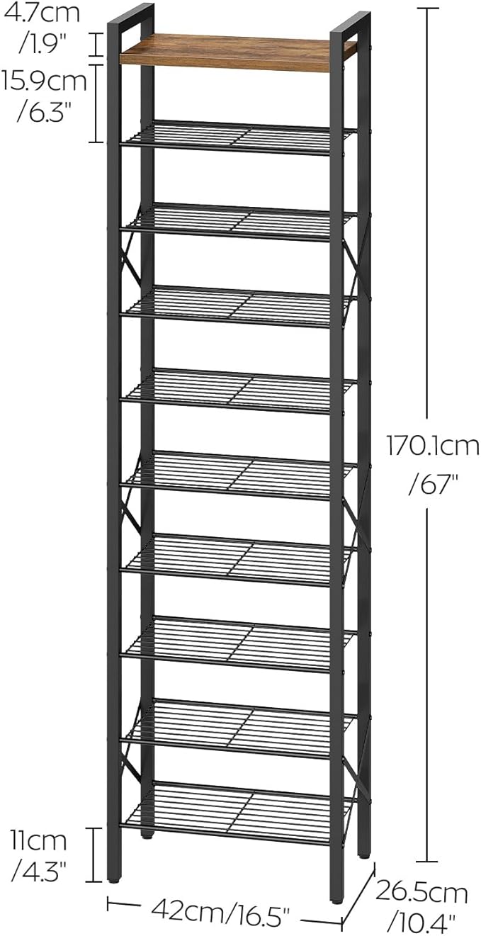 10-Tier Narrow Shoe Rack, Tall Shoe Rack for 10-20 Pairs, Slim Shoe Storage Organizer with Wooden Top, Space Saving, Metal Frame, for Entryway, Rustic Brown and Black SS68BR