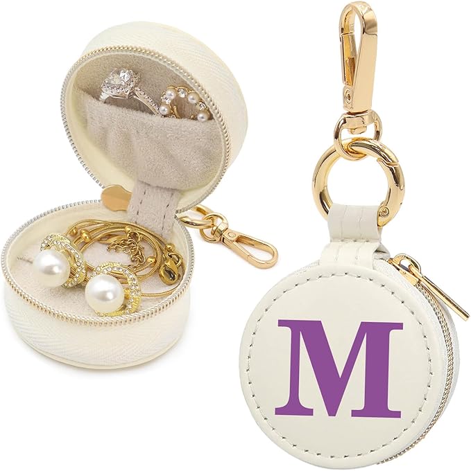 Mini Initial Travel Jewelry Case Ring Holder, Beige Faux Leather Small Jewelry Organizer Box Gifts for Women Girls Nurse Teacher, Gym Travel Accessories Keychain Pouch for Earrings Rings Necklace M