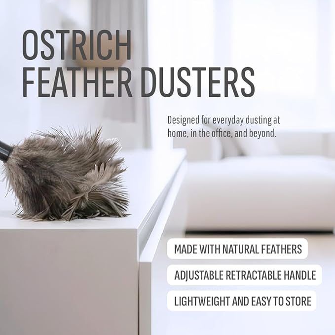 Retractable Feather Duster 8-14 in Adjustable - Natural Ostrich Feather Duster for Cleaning Ceiling Fans, Blinds, Plantation Shutters, Walls & Furniture - Quality Checked in USA - 1 Pack