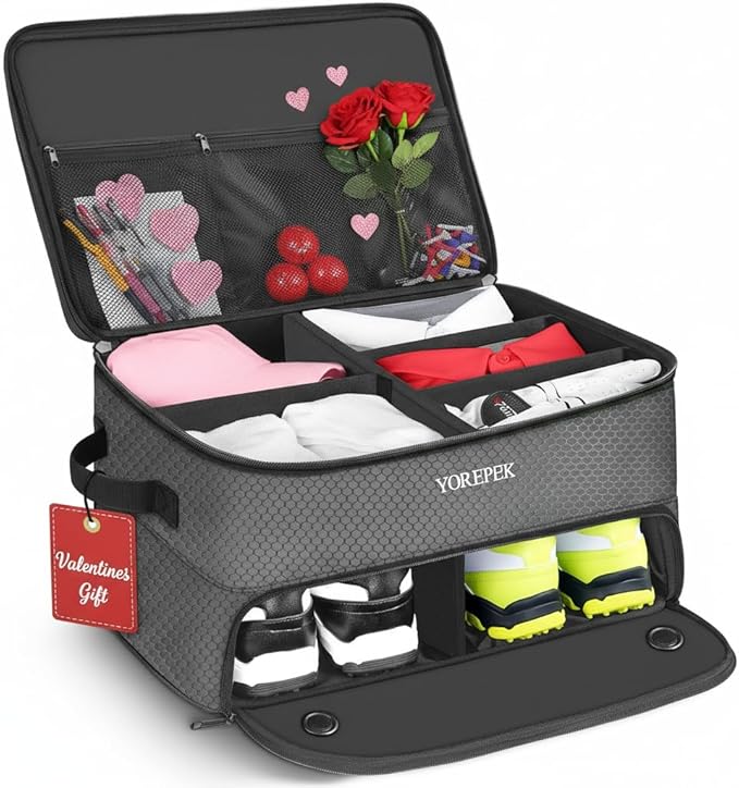 YOREPEK 2 Layer Golf Trunk Organizer, Golf Gifts for Men with Separate Ventilated Compartment for 2 Pair Shoes, Waterproof Car Trunk Locker for Balls, Tees, Clothes, Gloves, Gifts for Golfers