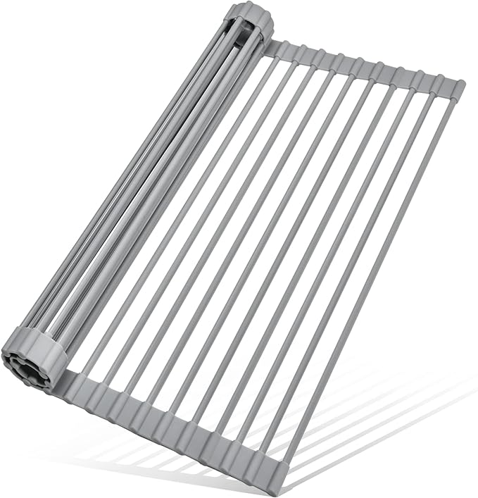 MERRYBOX Roll Up Over The Sink Dish Drying Rack Silicone Wrapped Foldable, Heat-Resistant, Anti-Slip Sink Rack Multipurpose Dish Drainer for Kitchen Sink Counter - Grey, 17.5" x 11"