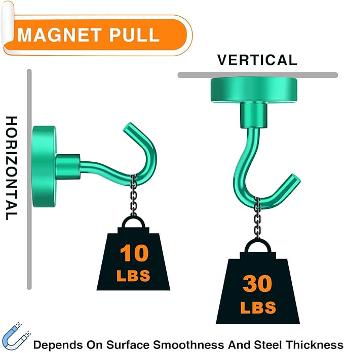 MIKEDE Magnetic Hooks Heavy Duty, 30LB+ Strong Magnets with Hook for Fridge, Neodymium Extra Strength Industrial Hooks for Hanging, Magnetic Hanger for Toolbox, Cruise, Grill(Green,4 Pack)