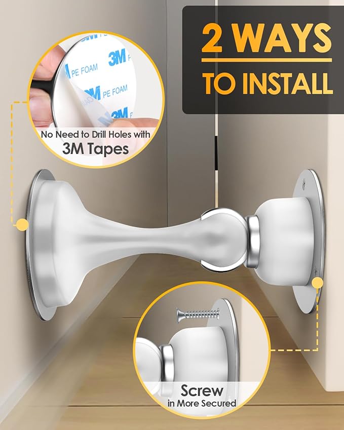 Magnetic Door Stoppers 2 Pack, Door Stops for Wall and Floor Mounting, Door stoppers for Bottom of Door Door Holder Keep Door Open, No Drilling Door Stop with 3D Adhesive Tapes