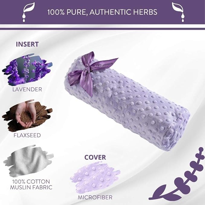Sonoma Lavender, Lavender Bolster Roll, Microwaveable, Hot/Cold Neck Pillow, Soothing and Relaxing Pain Relief for Neck, Low Back or Behind The Knees, Removable/Washable Cover, (Lavender Dot)
