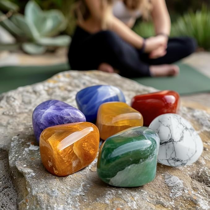 Polished Chakra Stone Set - 0.6", 7 Pcs Handpicked Natural Tumbled Stones and Crystals Bulk for Healing, Reiki, Meditation, Witchcraft and Home Decor, 7-Chakra-Stones-0.6"