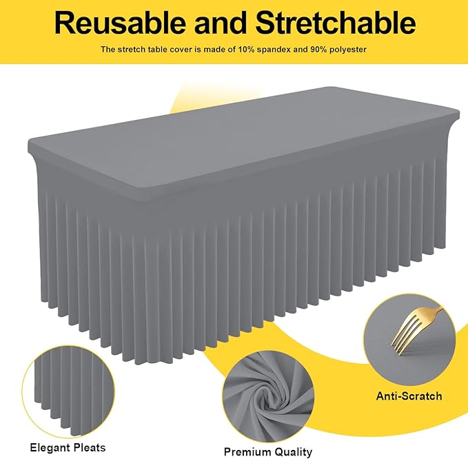 Smiry Spandex Tablecloth 2 Pack, Elastic Fitted Stretch Tablecloth for 4FT Rectangle Tables, Waterproof Washable Table Cover Skirt for Outdoor, Wedding, Banquet & Parties (Grey, 48Lx30Wx30H Inch)