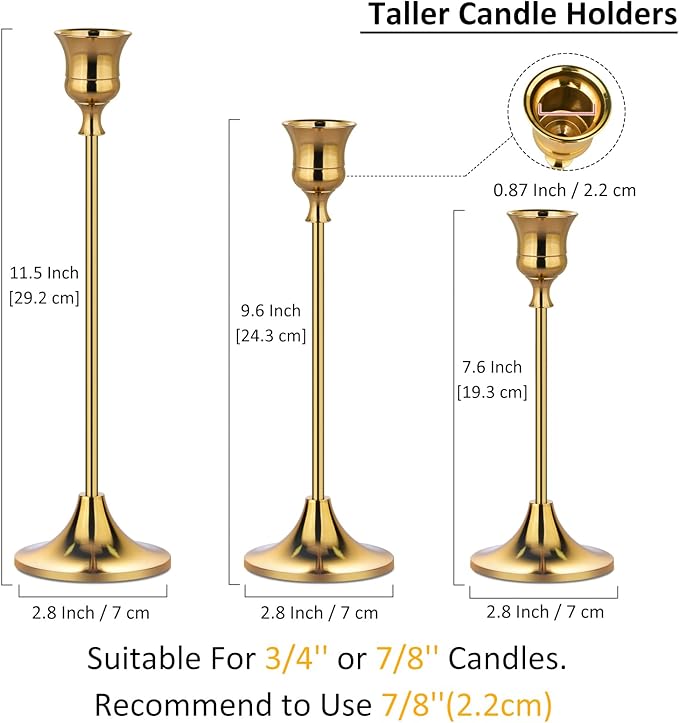 Metal Candle Holders for Candlesticks Taper Candlestick Holders Set Vintage Decorative Centerpiece Candelabra Tall Candle Stands for Halloween Thanksgiving Christmas (Gold, 2 Sets (6 pcs))
