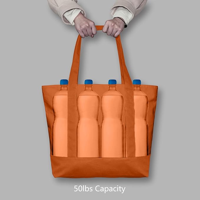 TOPDesign 6-Pack Canvas Tote Bags with an External Pocket, Reusable Grocery Shopping Bags, Top Zipper Closure, Daily Essentials (Orange)