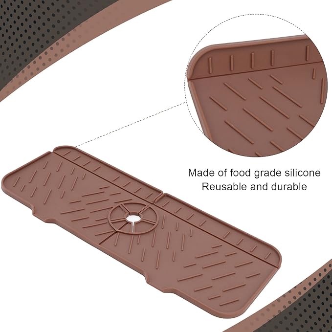 OUKENS Sponge Holder for Kitchen Sink, Silicone Faucet Mat for Kitchen Sink - Reusable Splash Guard & Drip Catcher Tray, Washable Countertop Water Absorbent Mat for Bathroom, RV (Brown)