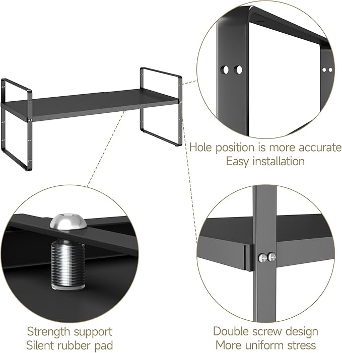 taiheis 16.5~27.1" Expandable Shelf Organizer, 1Pack 8.1" Wide Stackable Cabinet Shelf Organizers, Black Metal Sturdy Kitchen Counter Storage for Countertop, Adjustable Height Spice Rack