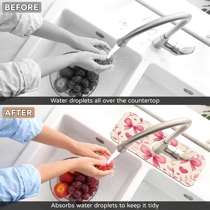 1 PC 15.4*5.7 Inch Absorbent Faucet Mat for Kitchen Sink Splash Guard Fast Drying Kitchen Faucet Mat for Bathroom Kitchen Bow Tie