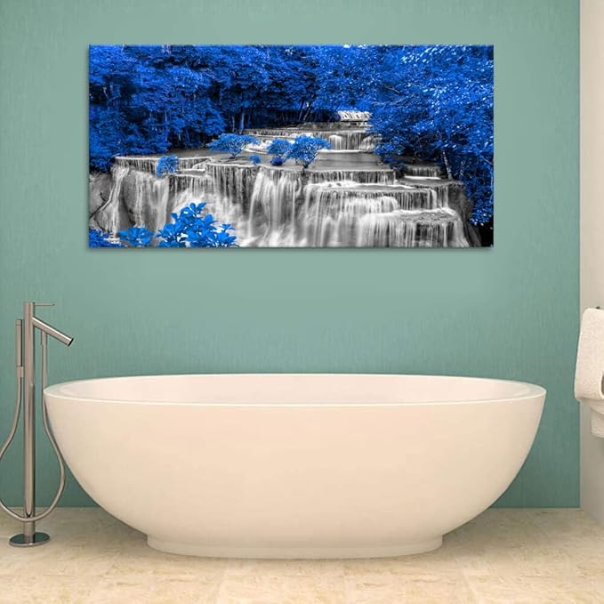 Yxbhhym Large Waterfall Wall Art - Black and White Decor, Blue Trees Scenery Canvas Prints - Landscape Wall Decor, Forest Paintings for Bedroom and Living Room - Framed - 24x48inch
