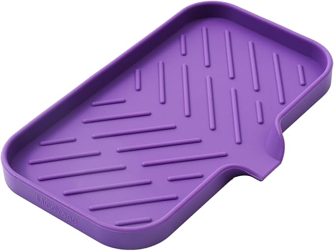 Silicone Bathroom Soap Dishes with Drain Spout - Bathroom and Kitchen Sink Organizer, Sponge Holder, Dish Soap Tray, Perfect for Dispenser, Scrubber, Bottle, Cup on Sink or Counter - Purple 9.6" × 5.3"
