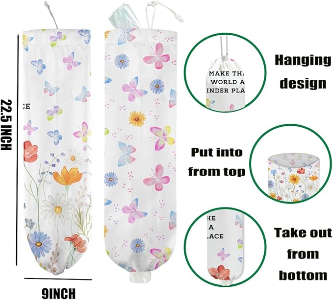 2 Pcs Flower Plastic Bag Holder, Wall Mount Grocery Bag Holder for Plastic Bags, Washable Large Grocery Bags Storage Dispenser for Home Kitchen Pantry Decor, Butterfly Gifts for Women, 22.5x9 Inch