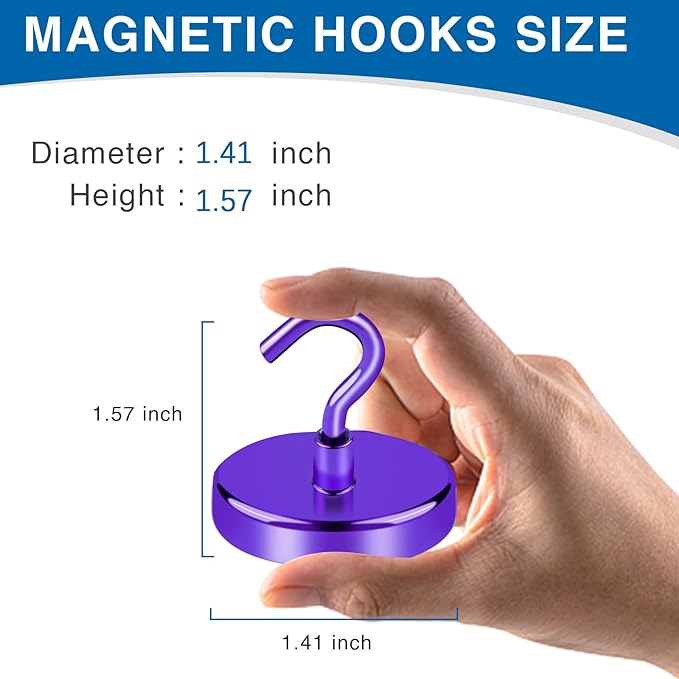 LOVIMAG Strong Magnet Hooks, 170Lbs Metal Heavy Duty, Purple with Hooks for Hanging, Cruise Cabins, Refrigerator - 4 Pack