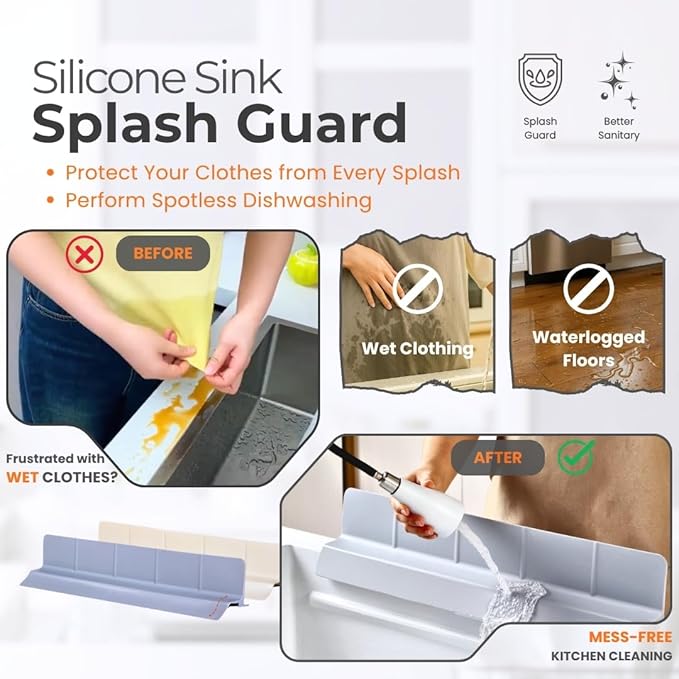 MessOut Extra Large Silicone Kitchen Sink Splash Guard 58x9x10cm– Non-Slip with Strong Suction, Non Crumble, non-harmful, Durable & Easy-to-Clean Protector for a Mess-Free Sink and Dishwashing (Grey)