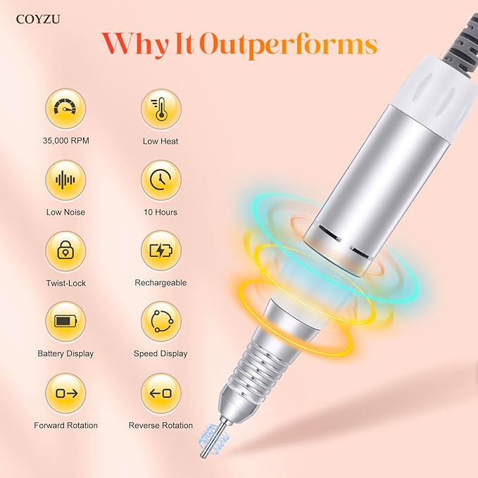 Professional Nail Drill Electric File:COYZU 35000RPM Portable Cordless Nail Drill Machine with Bits, Rechargeable E File for Acrylic & Gel Nails, Manicure & Pedicure Tech Tool for Home Salon, White