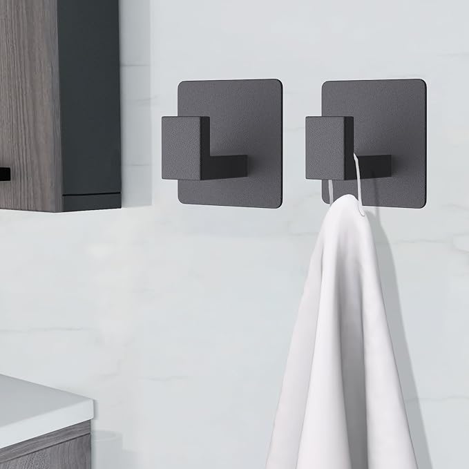 VAEHOLD 4 Pack Adhesive Towel Hooks, Heavy Duty Wall Hooks Aluminum Hooks Stick on Door, Kitchen, Bathroom for Hanging Coat, Hat, Towel, Robe, Clothes (Black)
