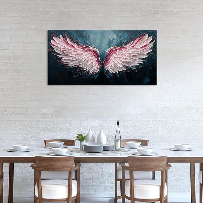 ZESTRILIA Angel Wings Wall Art for Girls Room Pink Navy Blue Canvas Oil Painting Prints Modern Abstract Fantasy Anime Artwork Living Bedroom Office Decor Extra Large (58x28 Inches)