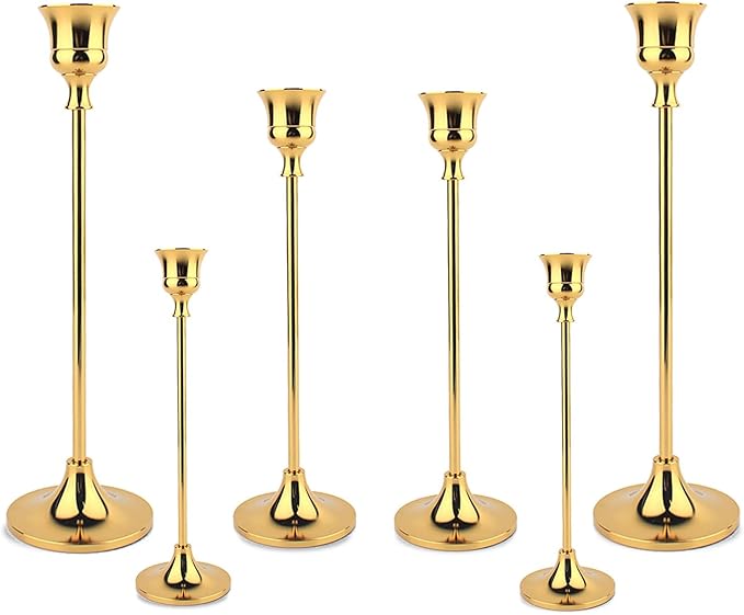 Taper Candle Holder Set of 6, Brass Gold Tall Candlestick Holders, Metal Vintage Candle Stickers Long Holder Set, Pillar Decorative Candle Holder Fits 3/4 Inch Candle for Wedding