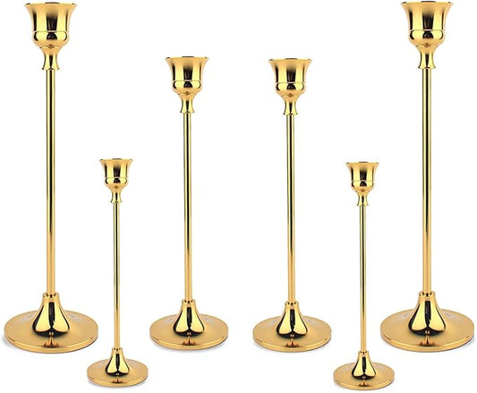 Taper Candle Holder Set of 6, Brass Gold Tall Candlestick Holders, Metal Vintage Candle Stickers Long Holder Set, Pillar Decorative Candle Holder Fits 3/4 Inch Candle for Wedding