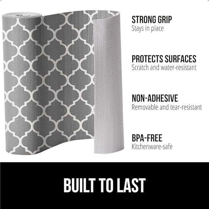 GORILLA GRIP DripGuard Shelf Liner, Non-Adhesive Drawer and Kitchen Cabinet Protector, Strong Grip Slip Resistant Underside, Smooth Surface Liners for Cabinets, Bathroom Closets, 12x240 In, White Gray