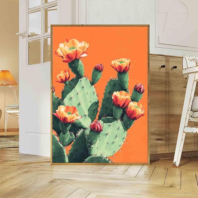 Vintage Cactus Posters Tropical Plants Wall Art Pink Floral Painting Floral Aesthetic Prints Western Desert Print Desert Botanical Prints orange and green flower wall art room decor 16x24inch no frame