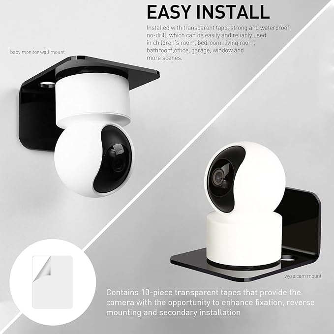 OAPRIRE Acrylic Floating Wall Shelves Set of 3, Drill Free with10 Piece Strong Tapes - Universal Small Adhesive Shelf for Security Cameras, Baby Monitors with Cable Clips (Black)