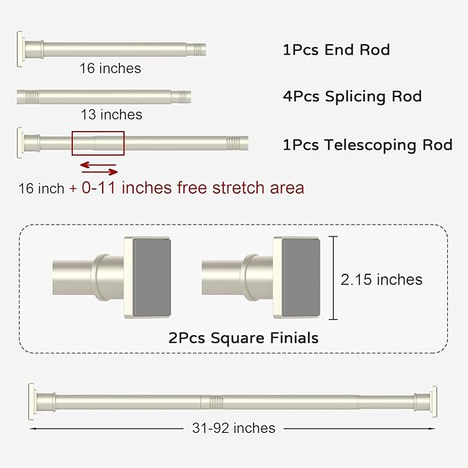 UIOSANRT Brushed Nickel Shower Curtain Rod 31-92 Inches Non-Slip Shower Rod Tension Mounted No Drill Tension Shower Curtain Rods Spring Tension Rod for Windows Bathroom
