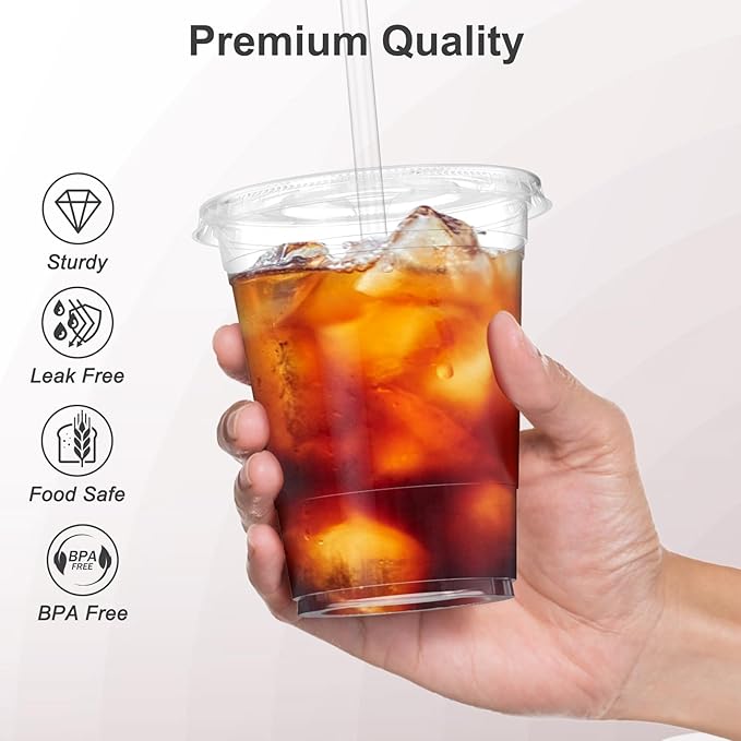 Dealusy 100 Pack - 16 oz Clear Plastic Cups with Lids and Straws, Sturdy & Food Safe Iced Coffee Cups with lids, Disposable Plastic Smoothie Cups for Cold Drinks