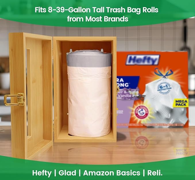 Libreshine Bamboo Garbage Bag Holder, Multi-Mount Space-Saving Trash Bag Organizer for Kitchen, Pantry, Holds 8-33 Gallon Rolls & 50+ Grocery Bags, Under-Sink/Wall-Mounted/Cabinet Storage
