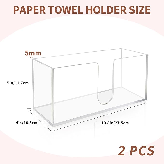 Acrylic Paper Towel Holder Countertop, 5mm Thick Clear C-Fold Z-Fold Trifold Napkin Dispenser, Bathroom & Kitchen Organizer for Multifold Towels (2)