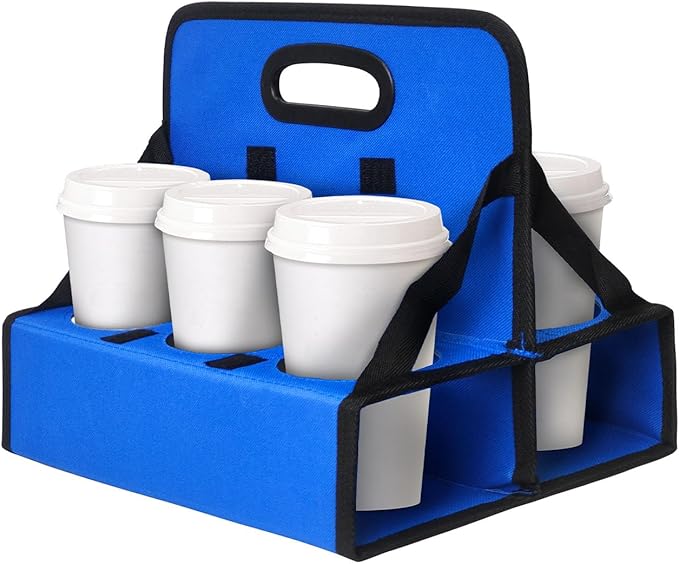 Drink Caddy, Portable 6-Cup Drink Carrier with Handle - Reusable & Foldable Cup Holder for Coffee, Wine, Cocktails | Secures Hot & Cold Beverages for Delivery, Takeout, Catering & Parties (Blue)