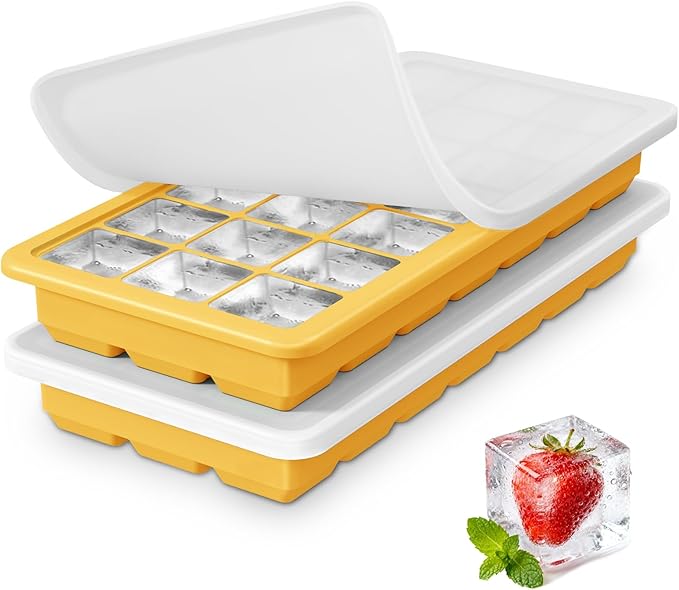 Silicone Ice Cube Trays 3 Packs, Easy Release Ice Cube Molds with Lid, Freezer Stackable Ice Maker for Whiskey, Baby Food, BPA Free (2, Yellow)