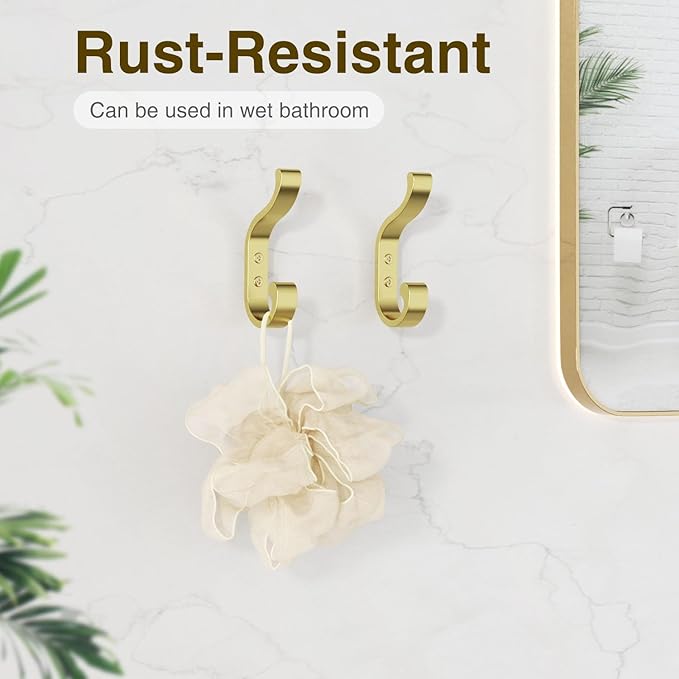 Gold Wall Hooks for Hanging Coats: Metal Mount - Large Heavy Duty (30 Lb) - Screw-In - Mudroom for Clothes, Backpack, Purse, Bathroom Towel, 6 Pack
