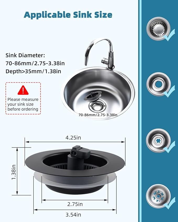 Universal 3 in 1 Kitchen Sink Drain Strainer Stopper Combo, Black Stainless Steel Shell Pop Up Sink Stopper for US Standard 3-1/2 inch Drain Filter, Anti-clog and Easy Clean, Matteblack