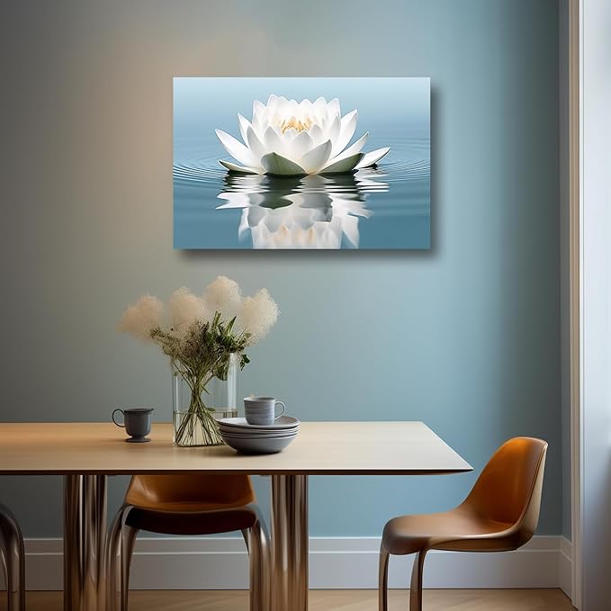 LZIMU Zen Canvas Wall Art White Lotus Flower Bloom in Water Picture Prints Teal Blue Artwork Bathroom Decor Framed for Yoga Spa Meditation Room (Zen-3, 12"x18")