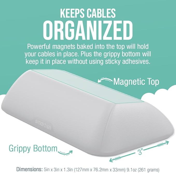 Smartish® Magnetic Cord Holder - Bigger Cable Wrangler Organizer with Magnet Clips for Charger Management on Desktop, Nightstand - Holds 6+ Cables - Snow Day White