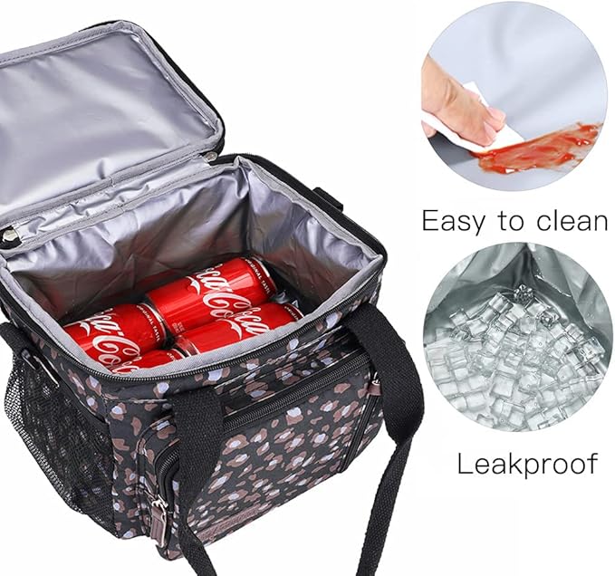 MOV COMPRA Leopard Lunch Bags for Women, Expandable Large Lunch Box, Leakproof Double Deck Lunch Box Cooler Tote Bag with Removable Shoulder Strap (Leopard Print)