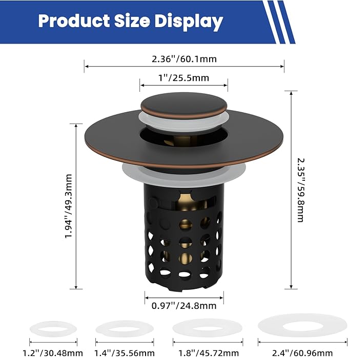 Universal Bathroom Sink Drain Strainer Hair Catcher 2PCS Upgraded with Removable Stainless Steel Filter Basket, 3 in 1 Pop Up Sink Stopper for 1.1''~2.36'' Sink Basin Hole, Oil Rubbed Bronze