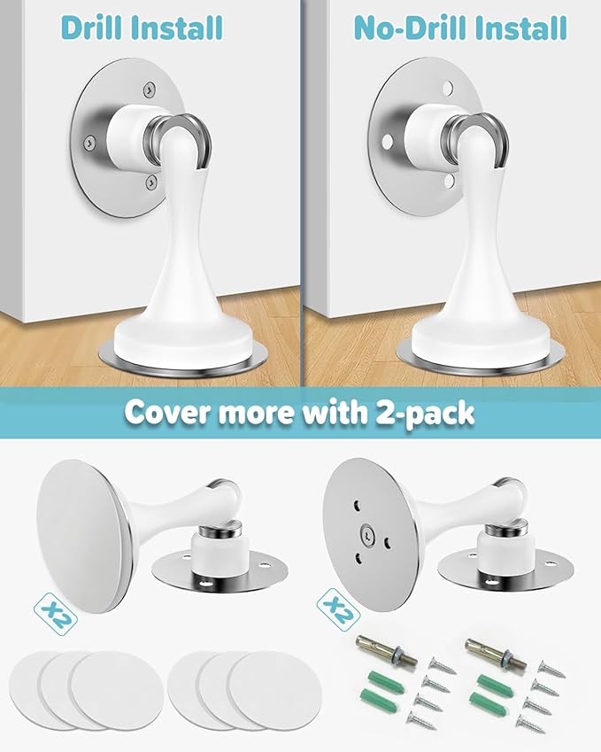 Magnetic Door Stoppers Door Catch - 2 Pack Stainless Steel Heavy Duty Door Stops for Bottom of Door, Wall & Floor Mounting No-Drill Strong Adhesive & Screws, Door Holder to Keep Door Open