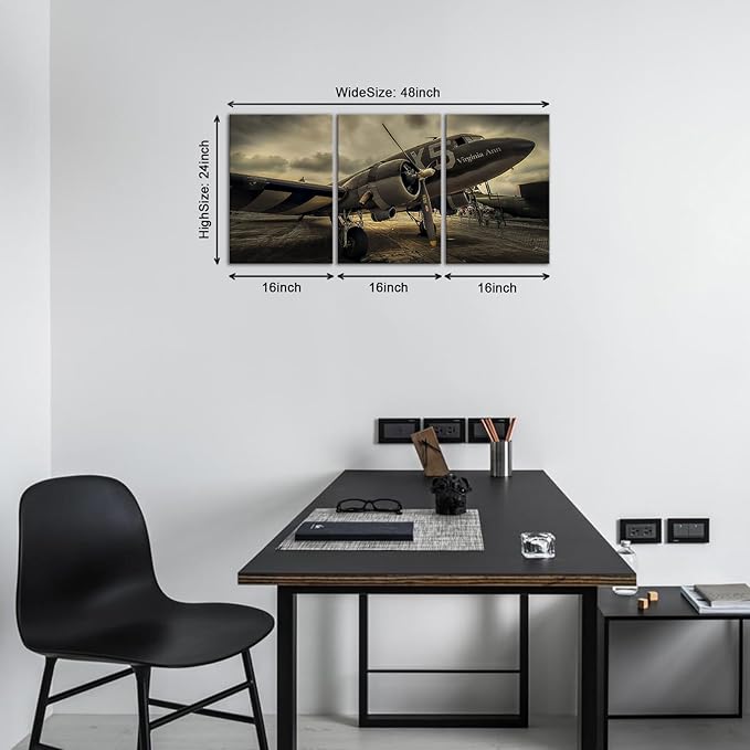 KAWAHONE -3 Pieces Vintage Airplane Wall Art Old Airplane Canvas Wall Art for Office Bedroom Living Room Home Ready to Hang (Aircraft)